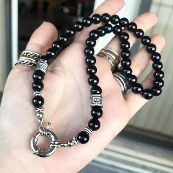 Genuine onyx fancy clasp rodhium cz charm choker - Picture 2 of 8